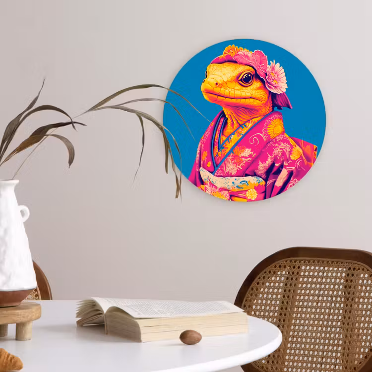 Bloemenkrans - Hagedis - Kimono - Paars Wandcirkel plexiglas klein -sfeer4