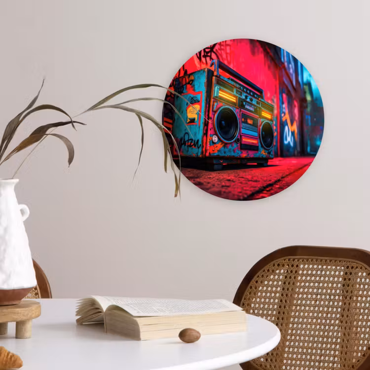 Boombox - Rood - Graffiti - Neon Wandcirkel plexiglas klein -sfeer4