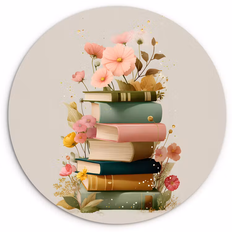 Boeken - Stapel - Bloemen - Kleurrijk Wandcirkel plexiglas klein -3d
