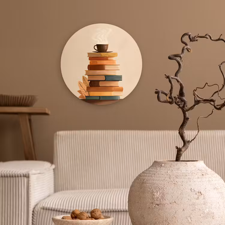 Boeken - Toren - Koffie - Beige Wandcirkel plexiglas klein -sfeer1