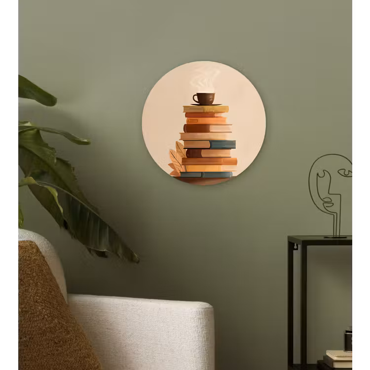 Boeken - Toren - Koffie - Beige Wandcirkel plexiglas klein -sfeer3
