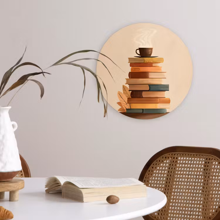 Boeken - Toren - Koffie - Beige Wandcirkel plexiglas klein -sfeer4