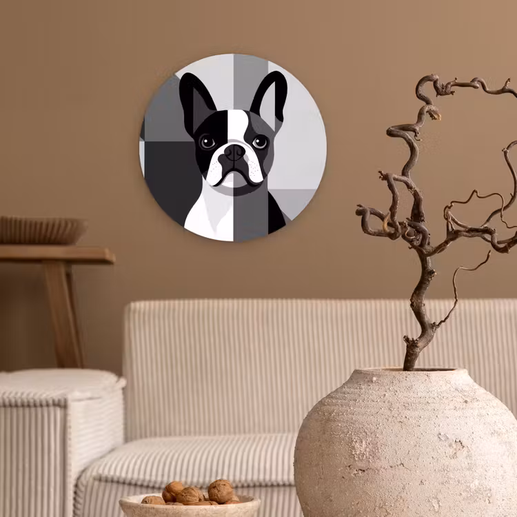Buldog - Zwart - Abstract - Vlakken Wandcirkel plexiglas klein -sfeer1