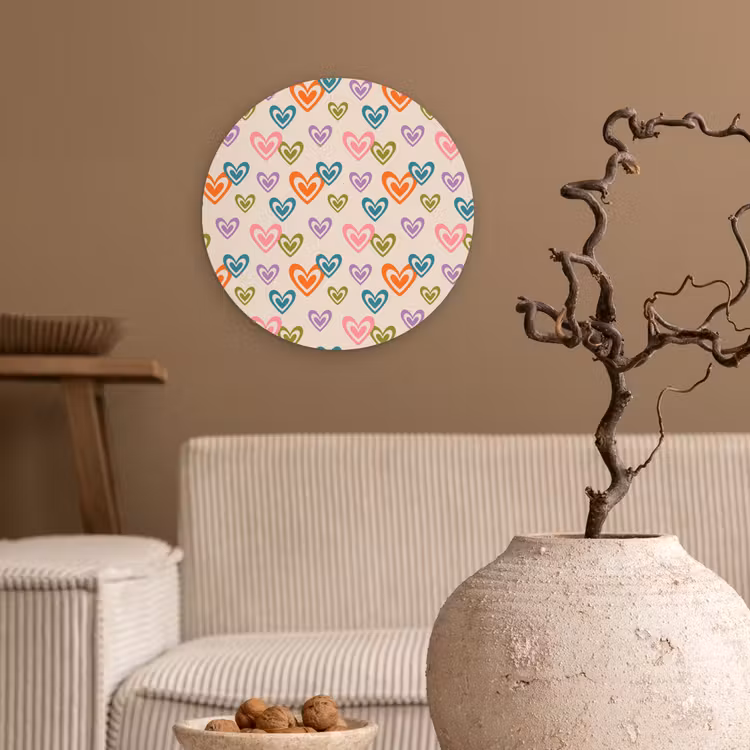 Kleurrijk - Hartjes - Patroon - Beige Wandcirkel plexiglas klein 852 -sfeer1