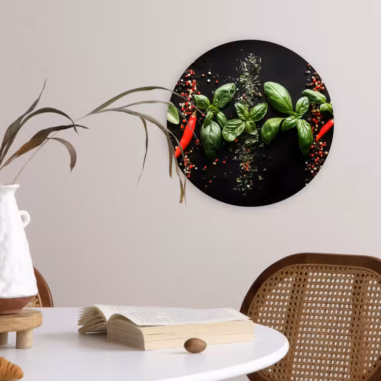 Chilipepers - Basilicum - Blaadjes - Rood Wandcirkel plexiglas klein -sfeer4