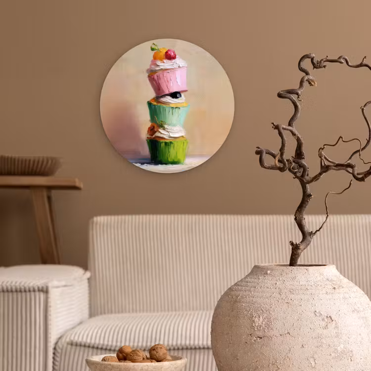 Cupcakes - Gestapeld - Kleurrijk - Fruit Wandcirkel plexiglas klein -sfeer1