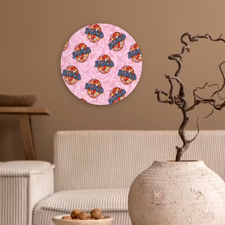 Disco - Bal - Patroon - Roze Wandcirkel plexiglas klein 852 -sfeer1