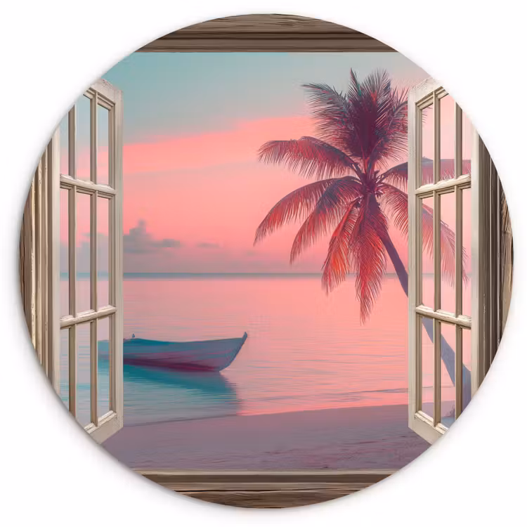 Doorkijk - Strand - Palmboom - Tropisch Wandcirkel plexiglas klein -3d