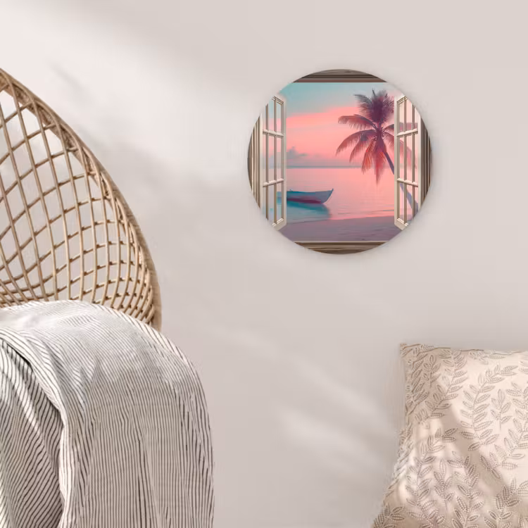 Doorkijk - Strand - Palmboom - Tropisch Wandcirkel plexiglas klein -sfeer5