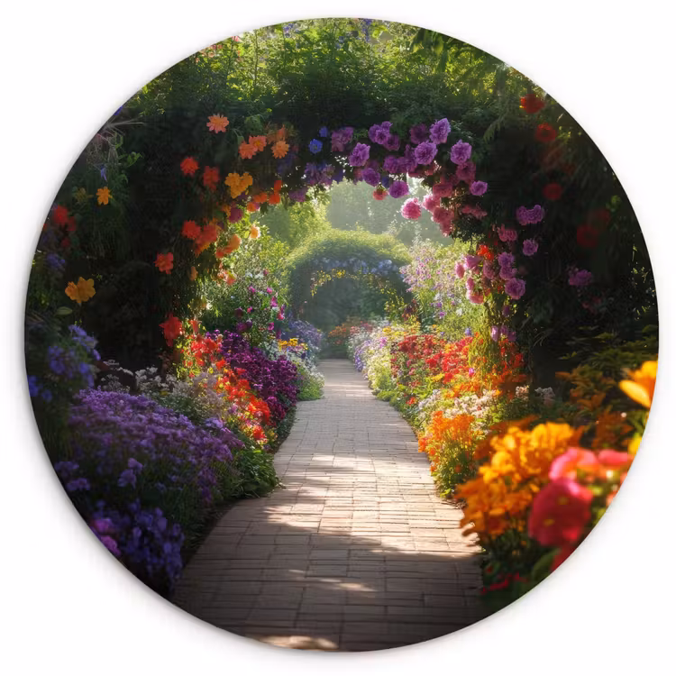 Doorkijk - Pad - Bloemen - Struik - Kleurrijk Wandcirkel plexiglas klein -3d