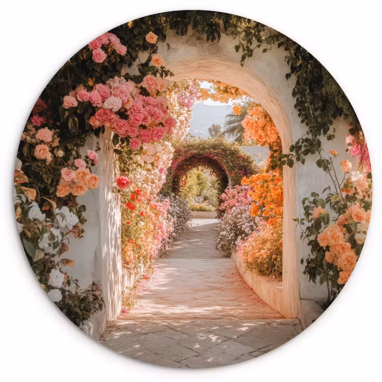 Doorkijk - Boog - Bloemen - Pastel Wandcirkel plexiglas klein -3d