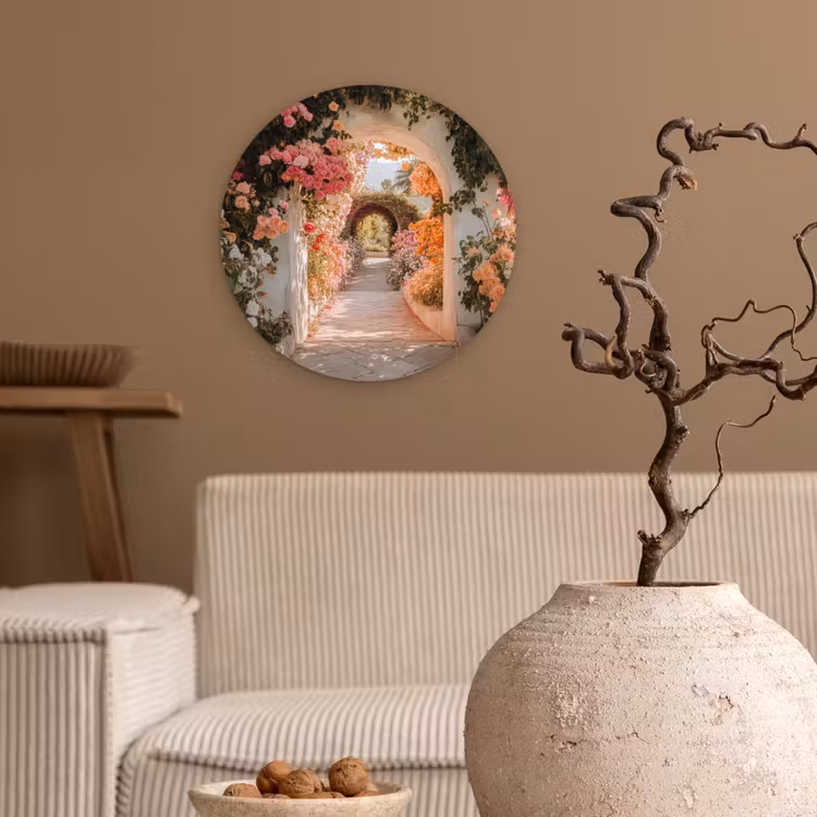 Doorkijk - Boog - Bloemen - Pastel Wandcirkel plexiglas klein -sfeer1