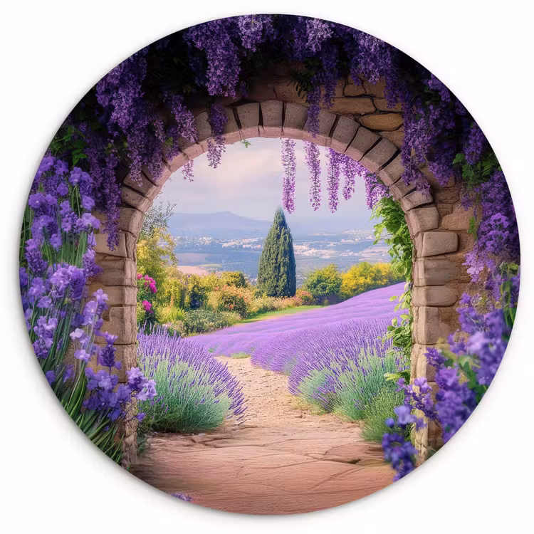 Doorkijk - Lavendel - Bloemen - Paars - Poort Wandcirkel plexiglas klein -3d