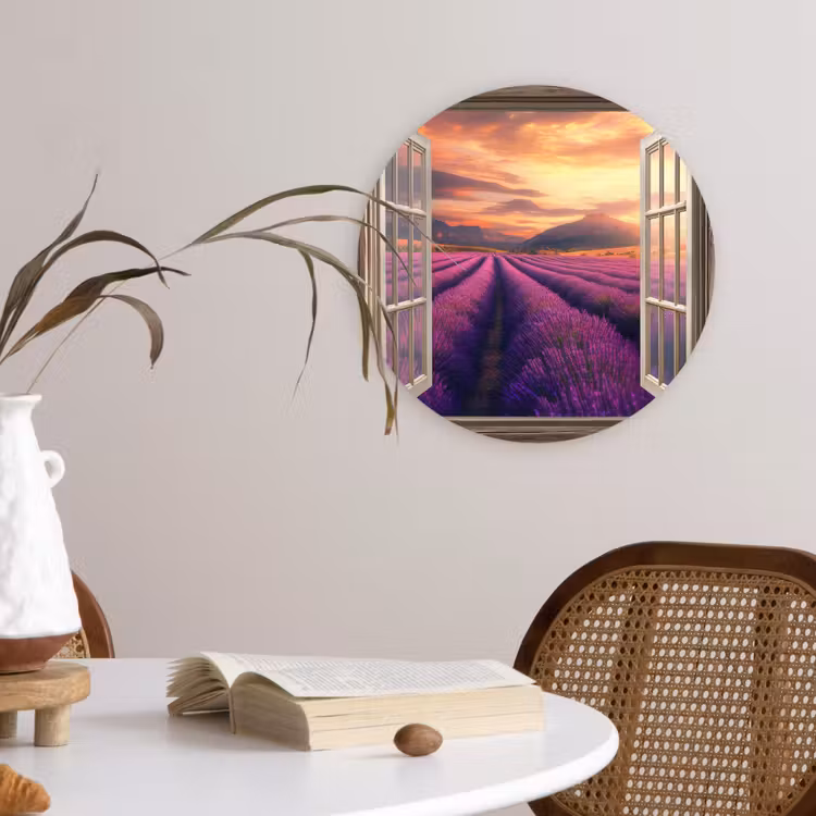 Doorkijk - Lavendel - Landschap - Bloemen - Paars Wandcirkel plexiglas klein -sfeer4