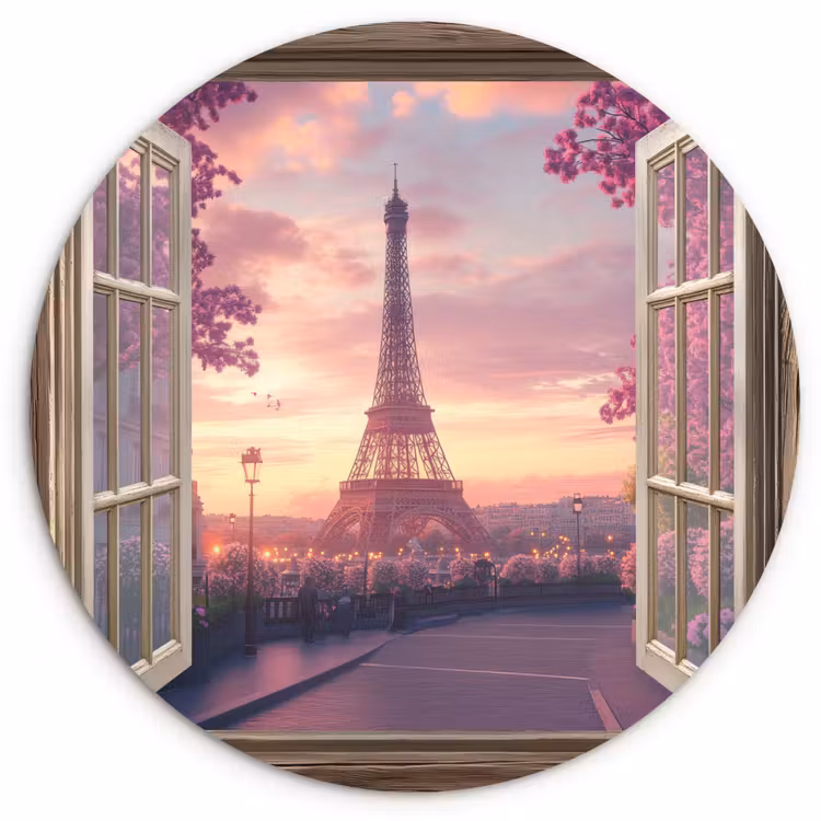 Doorkijk - Parijs - Eiffeltoren - Roze - Kersenbloesem Wandcirkel plexiglas klein -3d