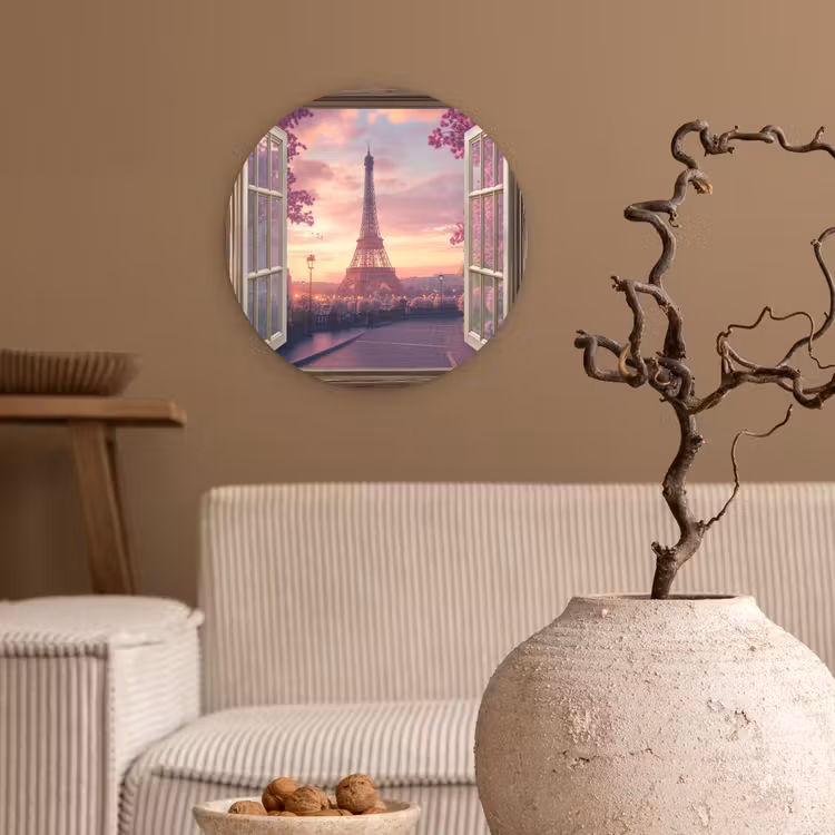 Doorkijk - Parijs - Eiffeltoren - Roze - Kersenbloesem Wandcirkel plexiglas klein -sfeer1