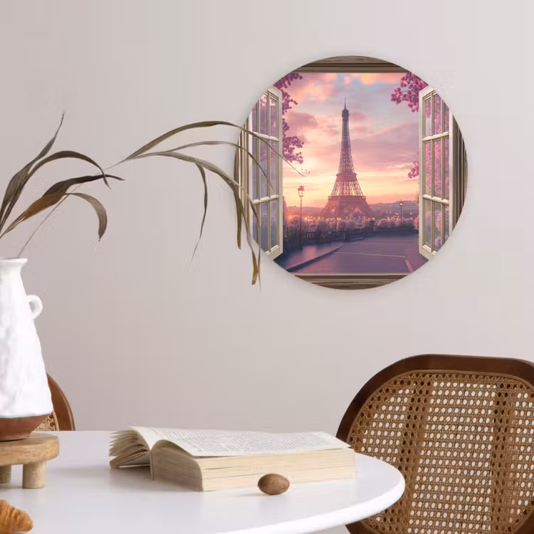 Doorkijk - Parijs - Eiffeltoren - Roze - Kersenbloesem Wandcirkel plexiglas klein -sfeer4