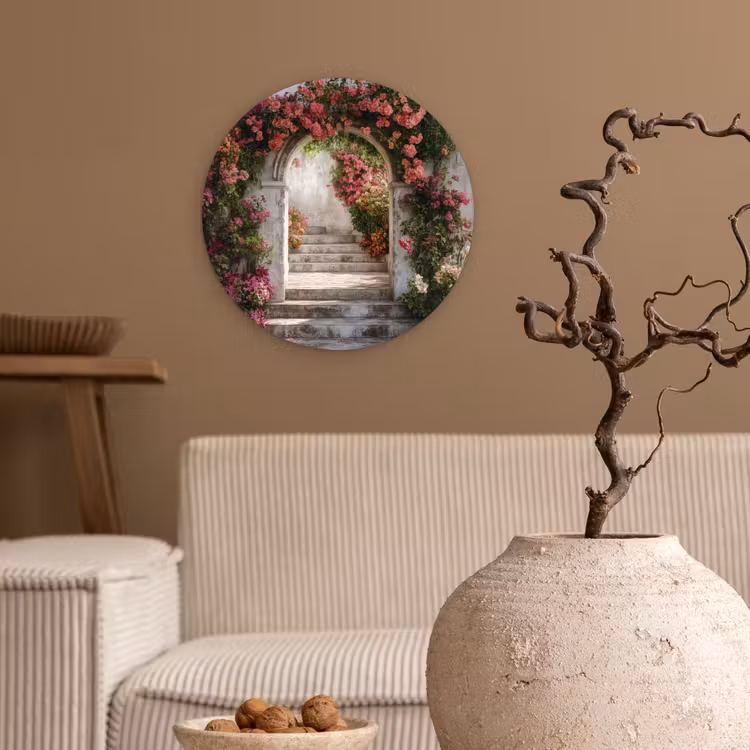 Doorkijk - Rozen - Vintage - Poort Wandcirkel plexiglas klein -sfeer1