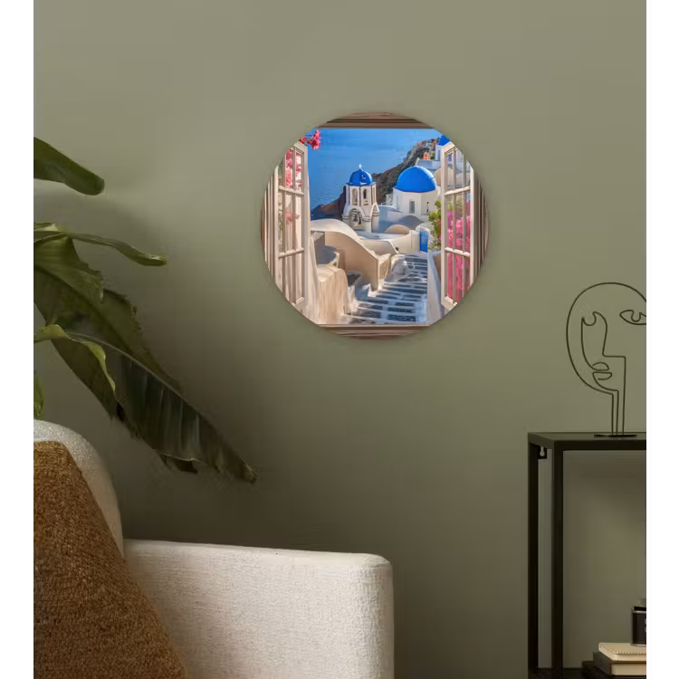 Doorkijk - Santorini - Landschap - Blauw - Grieks Wandcirkel plexiglas klein -sfeer3