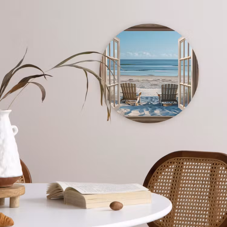 Doorkijk - Strandstoelen - Duinen - Zee - Natuur Wandcirkel plexiglas klein -sfeer4