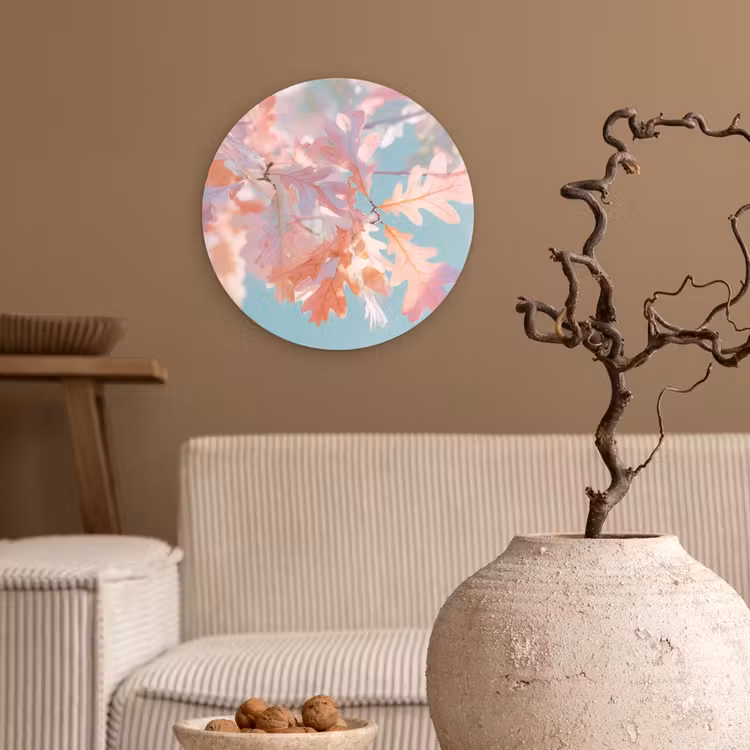 Eikenbladeren - Takken - Roze Wandcirkel plexiglas klein -sfeer1