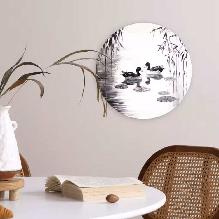 Eenden - Waterlelies - Riet - Zwart Wandcirkel plexiglas klein -sfeer4