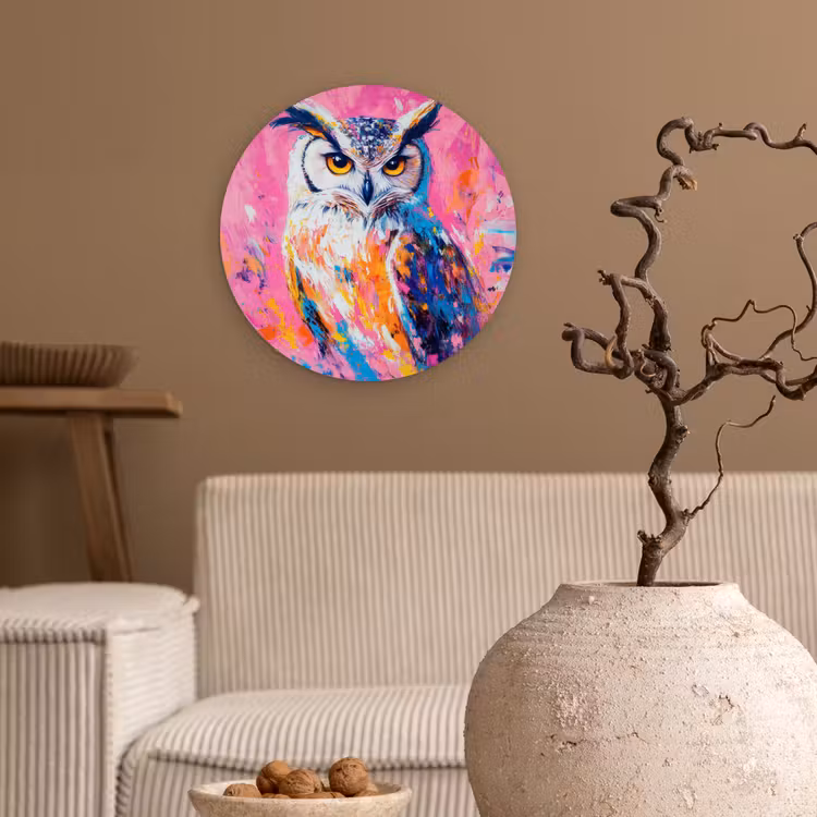 Uil - Roze - Blauw - Verf - Abstract Wandcirkel plexiglas klein -sfeer1