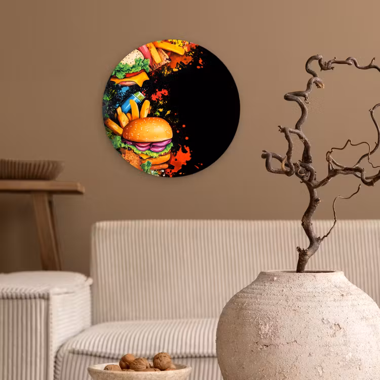 Fastfood - Graffiti - Hamburger - Eten - Modern Wandcirkel plexiglas klein -sfeer1