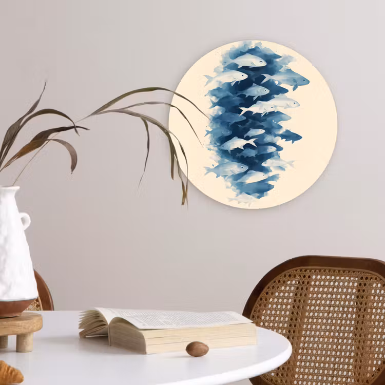 Vissen - Minimalistisch - Blauw Wandcirkel plexiglas klein -sfeer4