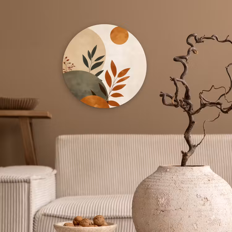 Vormen - Rond - Bladeren - Beige Wandcirkel plexiglas klein -sfeer1