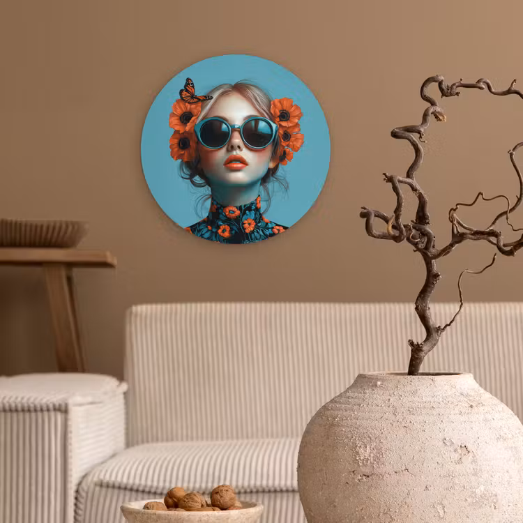 Vrouw - Blauw - Vlinder - Bloemen - Aesthetic Wandcirkel plexiglas klein -sfeer1