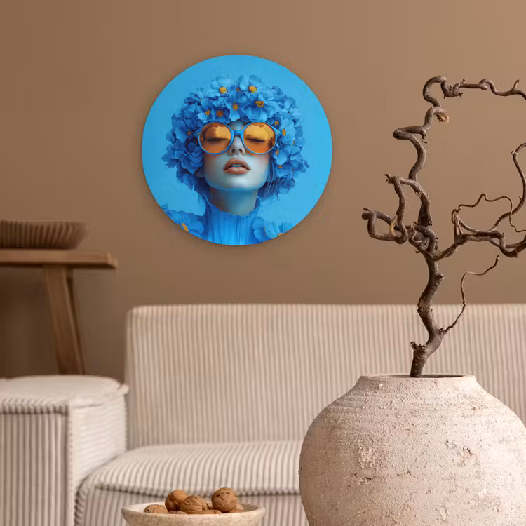 Vrouw - Bloem - Blauw - Modern - Bril - Portret Wandcirkel plexiglas klein -sfeer1