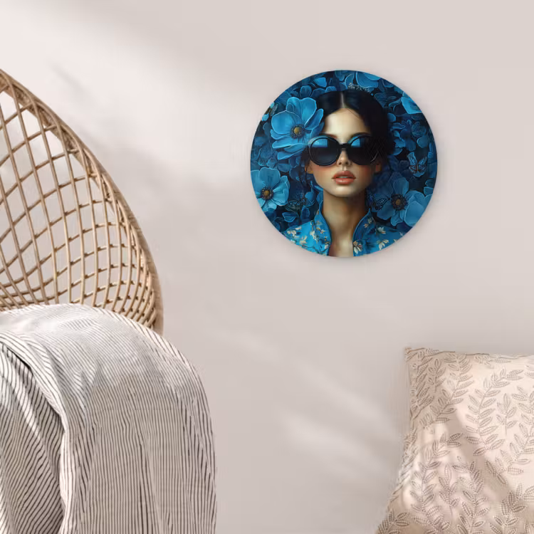 Vrouw - Bloemen - Blauw - Aesthetic - Luxe Wandcirkel plexiglas klein -sfeer5