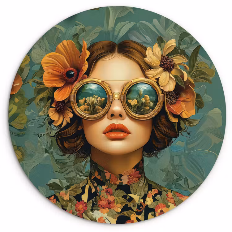 Vrouw - Bloemen - Vlinders - Natuur - Vintage Wandcirkel plexiglas klein -3d
