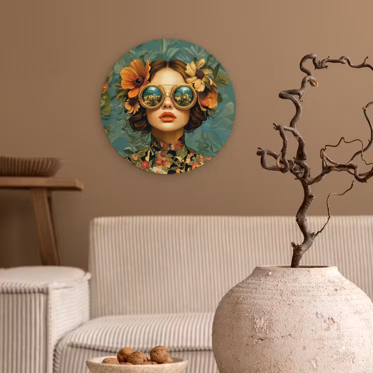 Vrouw - Bloemen - Vlinders - Natuur - Vintage Wandcirkel plexiglas klein -sfeer1