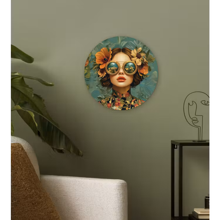 Vrouw - Bloemen - Vlinders - Natuur - Vintage Wandcirkel plexiglas klein -sfeer3