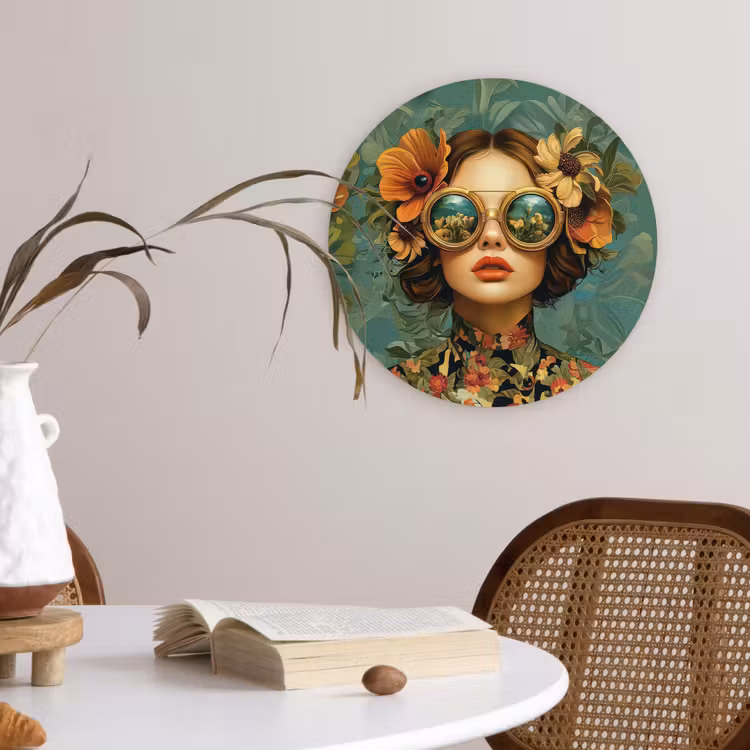 Vrouw - Bloemen - Vlinders - Natuur - Vintage Wandcirkel plexiglas klein -sfeer4