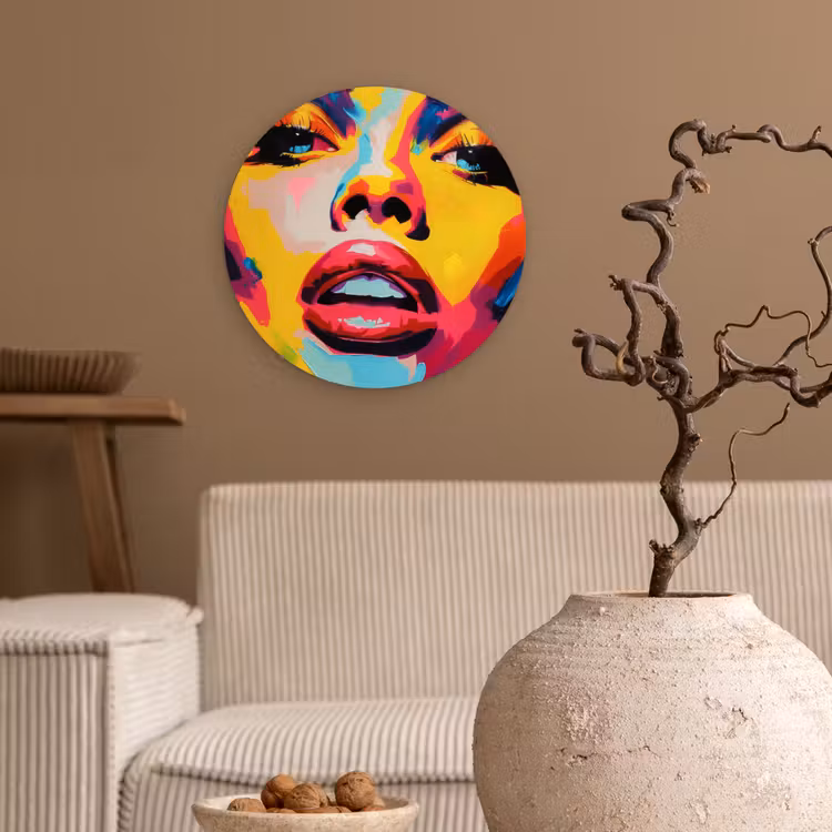 Vrouw - Gezicht - Kleurrijk Wandcirkel plexiglas klein -sfeer1