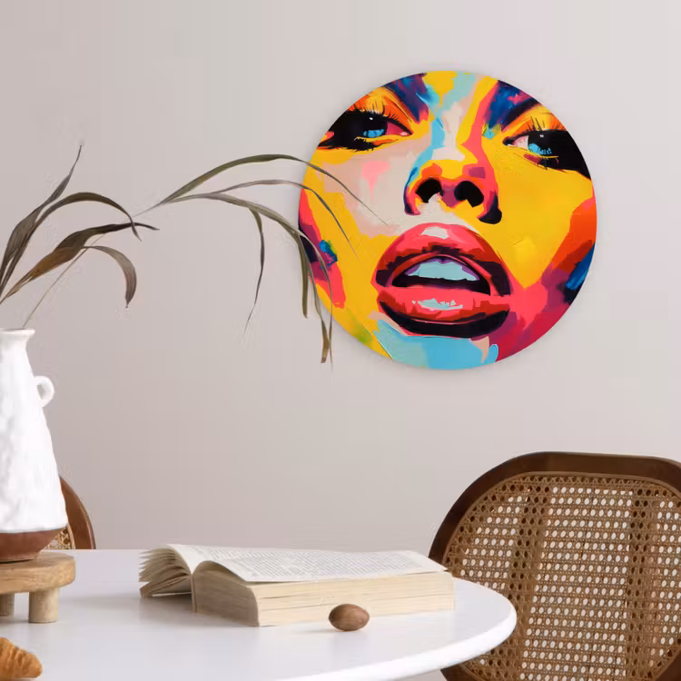 Vrouw - Gezicht - Kleurrijk Wandcirkel plexiglas klein -sfeer4