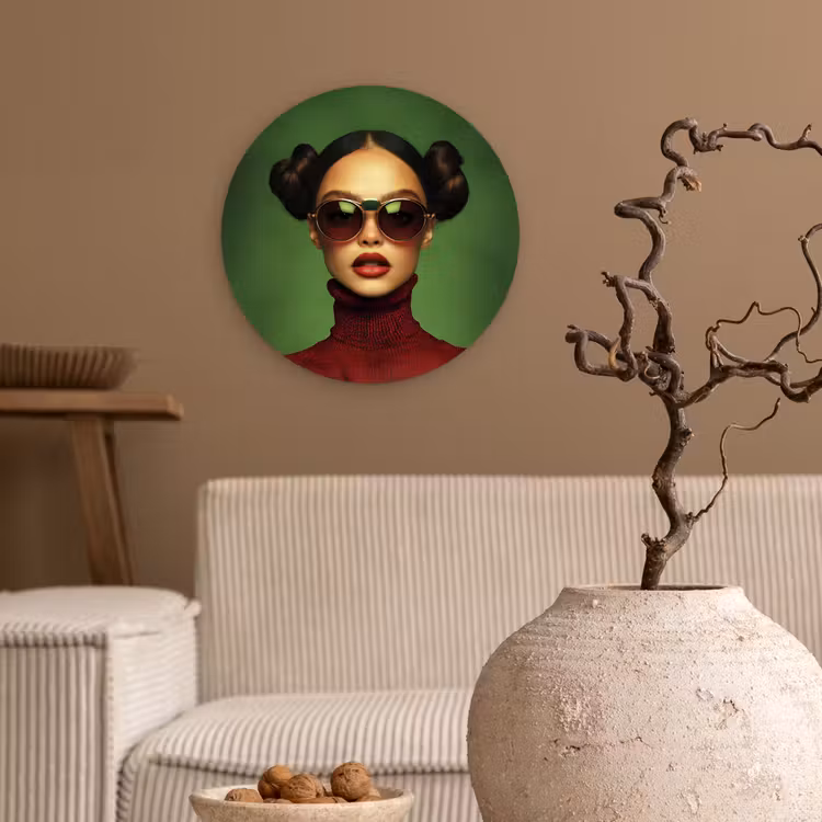 Vrouw - Groen - Bril - Aesthetic - Modern Wandcirkel plexiglas klein -sfeer1
