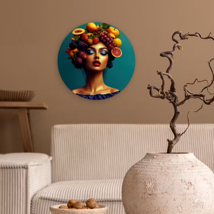 Vrouw - Hoodtooi - Tropisch - Fruit - Druiven Wandcirkel plexiglas klein -sfeer1