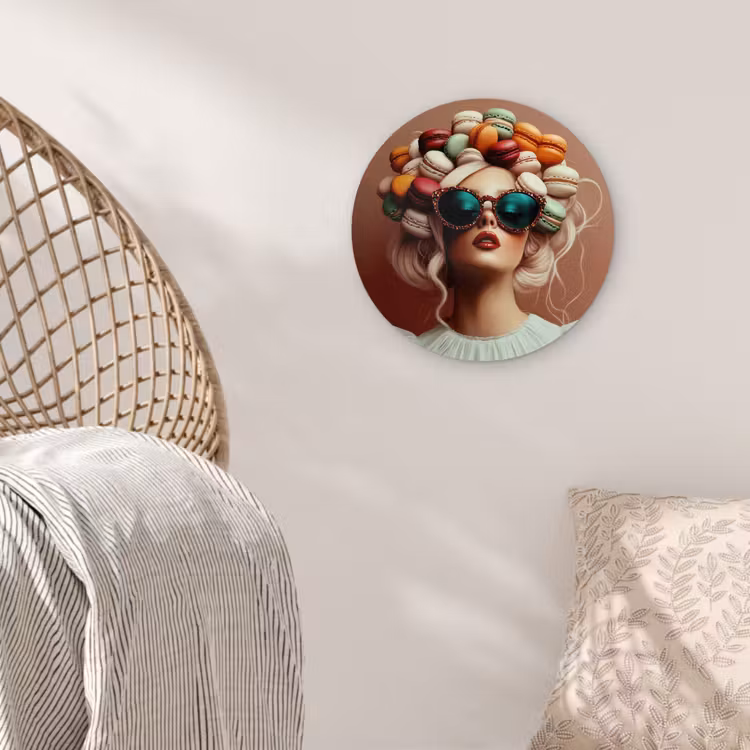Vrouw - Macarons - Bril Wandcirkel plexiglas klein -sfeer5