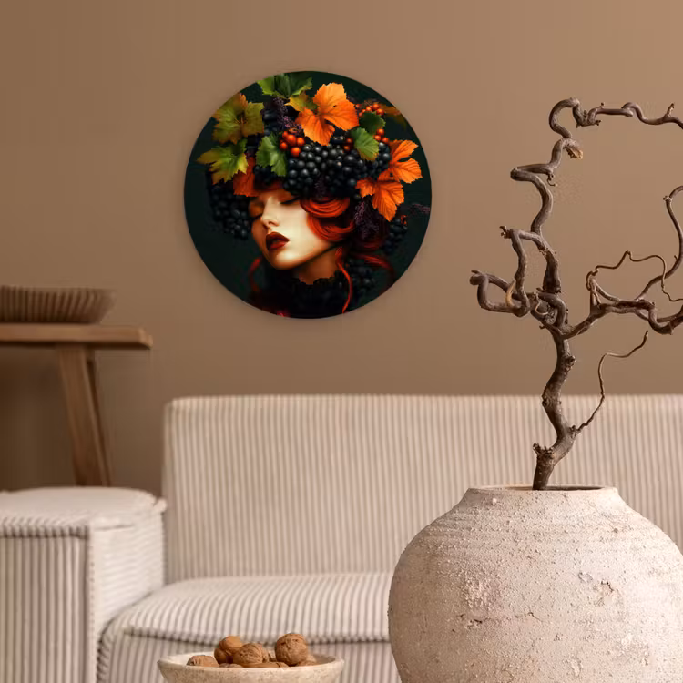 Vrouw - Rood - Groen - Druiven Wandcirkel plexiglas klein -sfeer1