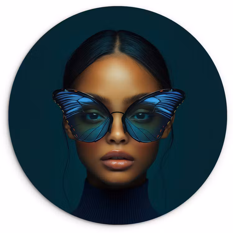 Vrouw - Vlinder - Bril - Blauw - Modern - Portret Wandcirkel plexiglas klein -3d