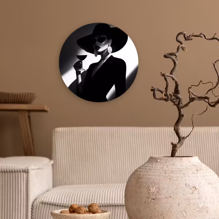 Vrouw - Wijn - Chic Wandcirkel plexiglas klein -sfeer1