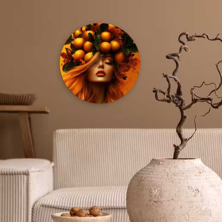 Vrouw - Citroenen - Bloesem - Geel Wandcirkel plexiglas klein -sfeer1