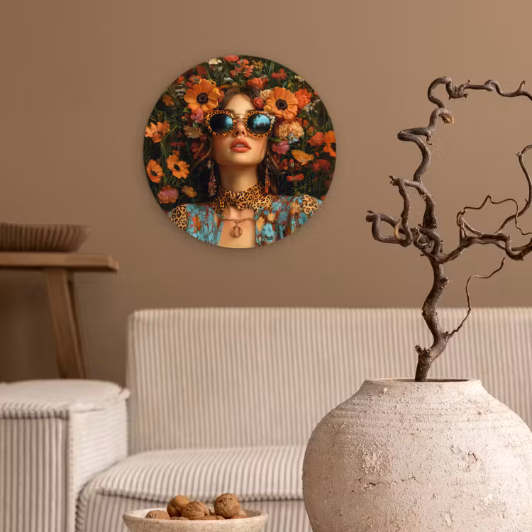 Vrouwen - Bloemen - Modern - Bril - Abstract Wandcirkel plexiglas klein -sfeer1