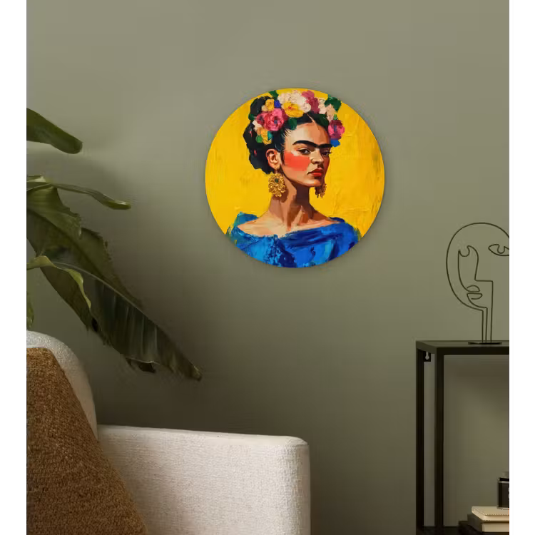 Frida Kahlo - Vrouw - Geel - Blauw - Bloemen Wandcirkel plexiglas klein -sfeer3