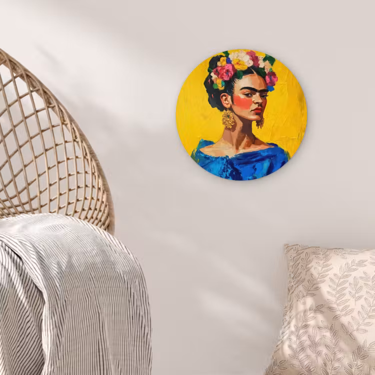 Frida Kahlo - Vrouw - Geel - Blauw - Bloemen Wandcirkel plexiglas klein -sfeer5