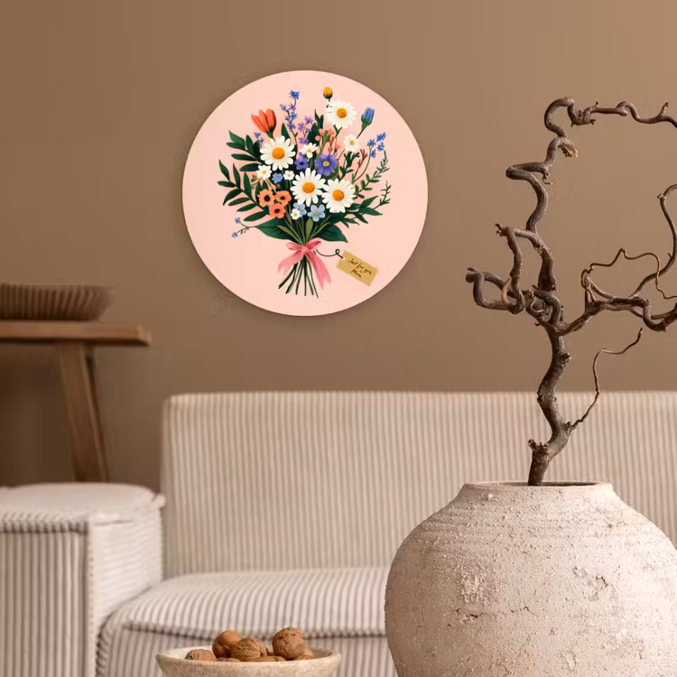 Margrieten - Boeket - Strikje - Roze Wandcirkel plexiglas klein -sfeer1